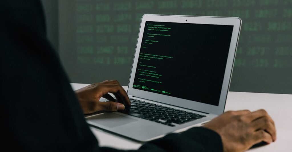 A focused adult working on a laptop demonstrates modern cybersecurity and coding skills indoors.